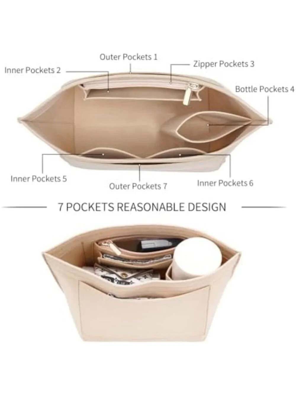 Felt Purse Organizer Insert for Long Handbags - Small Beige Storage Solution